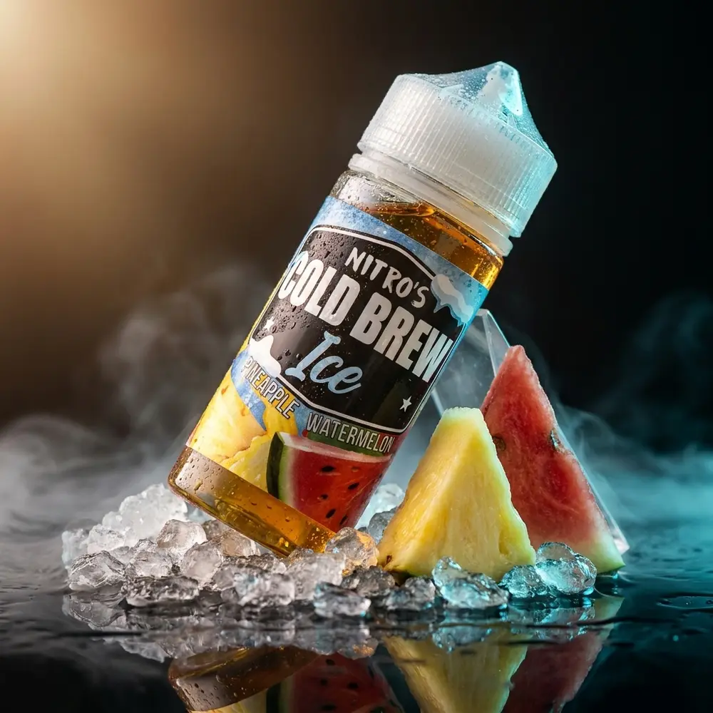 Garrafa Nitro's Cold Brew Pineapple Watermelon Ice inclinada sobre gelo e fatias tropicais, gotas e reflexos em acrílico - Vapor Gringo