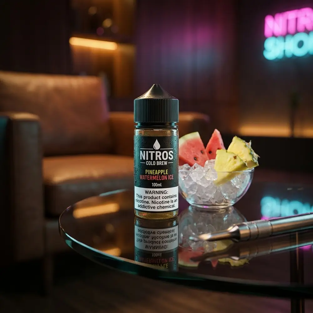 Líquido Nitro's Cold Brew Pineapple Watermelon Ice num lounge urbano, sobre mesa de vidro com gelo e fatias de fruta - Vapor Gringo