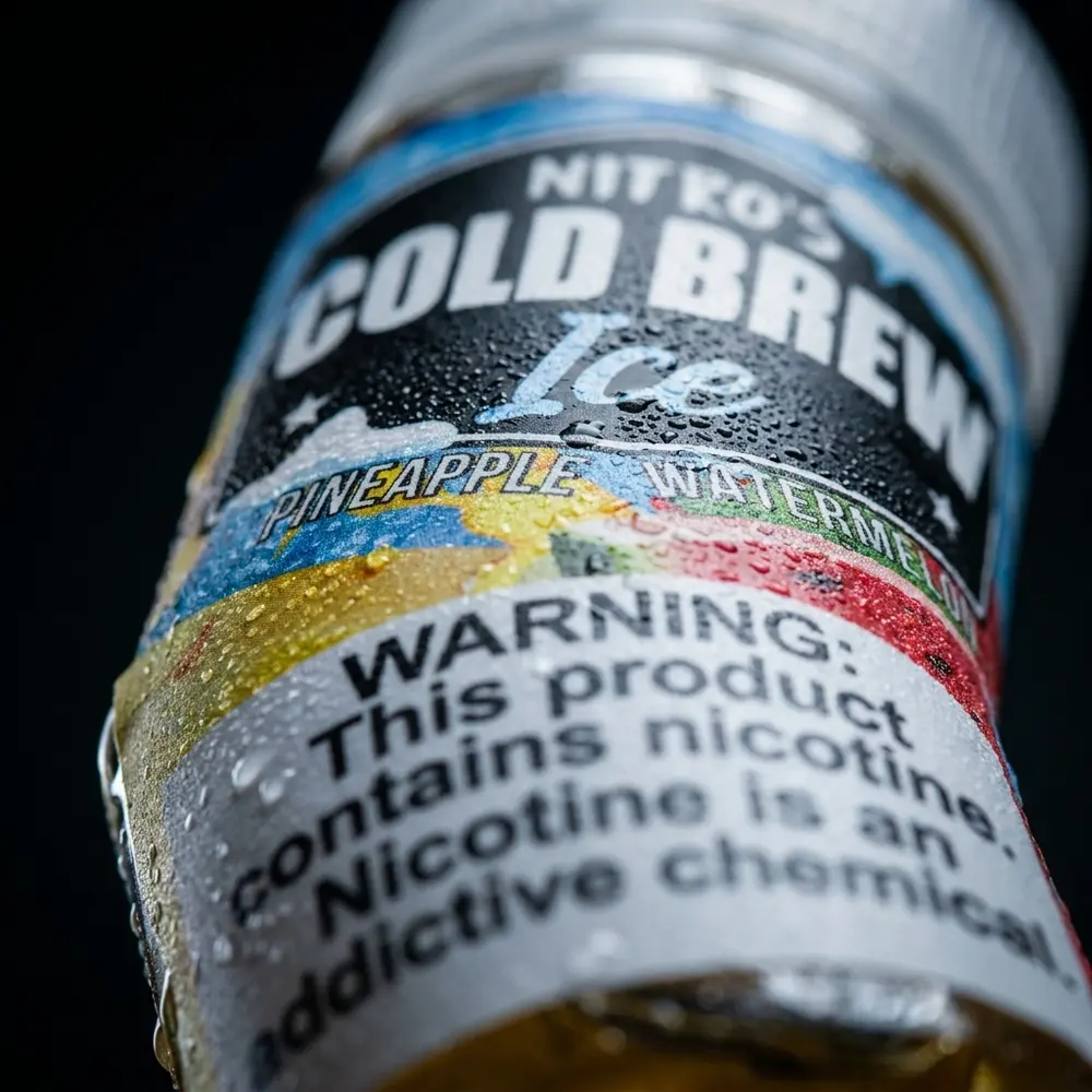 Macro do rótulo do Nitro's Cold Brew Pineapple Watermelon Ice com gotas de condensação e reflexos metálicos - Vapor Gringo