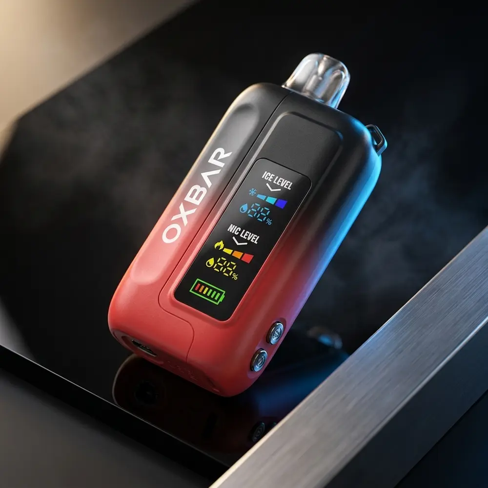 Oxbar Ice Nic Control, pod descartavel sobre acrilico preto com iluminacao azul fria e reflexos metalicos - Vapor Gringo