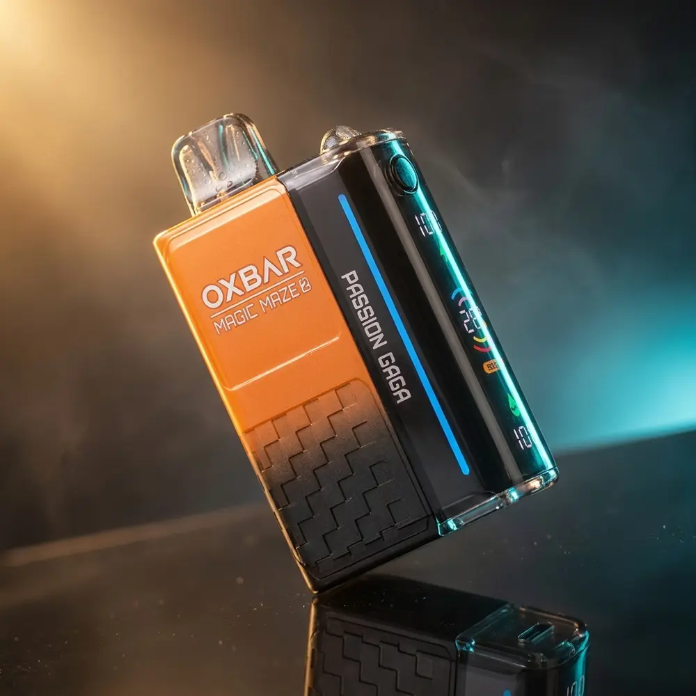 Pod descartavel Oxbar Magic Maze 2.0 Passion Gaga sobre acrilico brilhante com iluminacao tropical e reflexos - Vapor Gringo