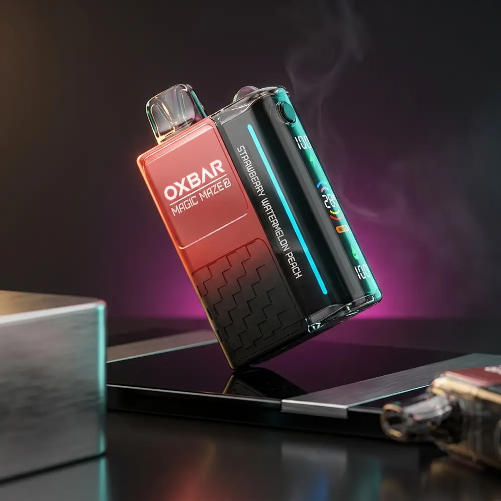 Pod descartavel Oxbar Magic Maze 2.0 Strawberry Watermelon Peach sobre acrilico preto com iluminacao magenta e teal em estúdio - Vapor Gringo