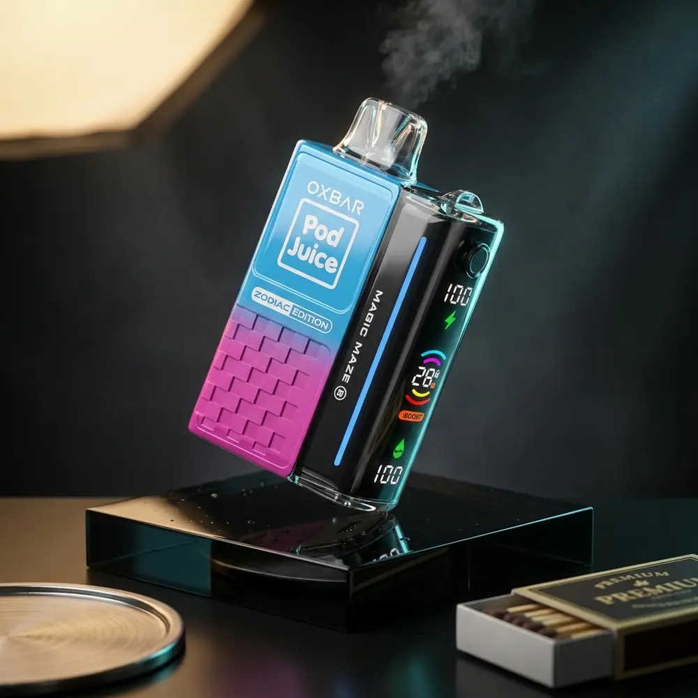 Pod Descartavel Oxbar Pod Juice 30.000 puffs suspenso sobre base acrilica preta, iluminação dramática e reflexos - Vapor Gringo