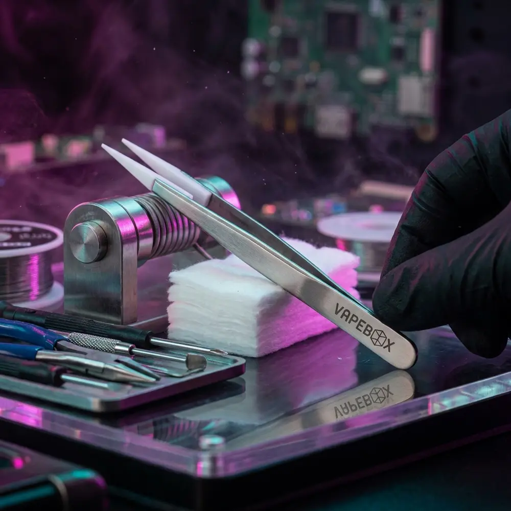 Pinça de cerâmica Vapebox em bancada cyberpunk RGB, encostada em jig de coils e ferramentas - Vapor Gringo