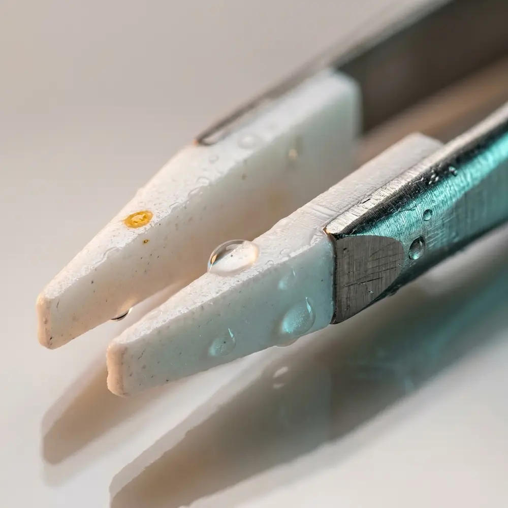 Ponta da pinça de cerâmica Vapebox com gotas de condensação e textura cerâmica visível - Vapor Gringo