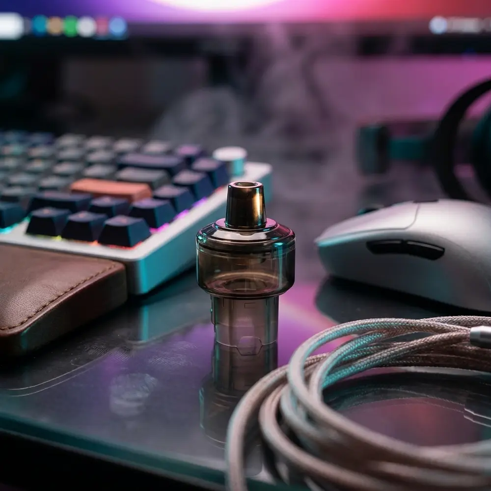 Pod de Reposicao Crown M Uwell sobre mesa gamer de vidro com teclado RGB desfocado e cabo em primeiro plano - Vapor Gringo