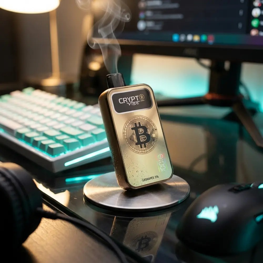Pod Descartável Crypt ₿ Vibe Ice Mint apoiado em mesa de gaming RGB com teclado mecânico e luz mint - Vapor Gringo