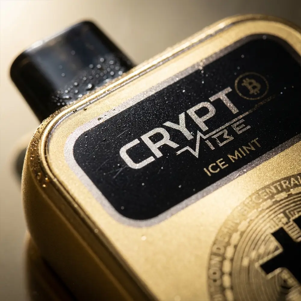 Detalhe do logotipo e bocal do Pod Descartável Crypt ₿ Vibe Ice Mint com texturas, condensação e reflexos - Vapor Gringo