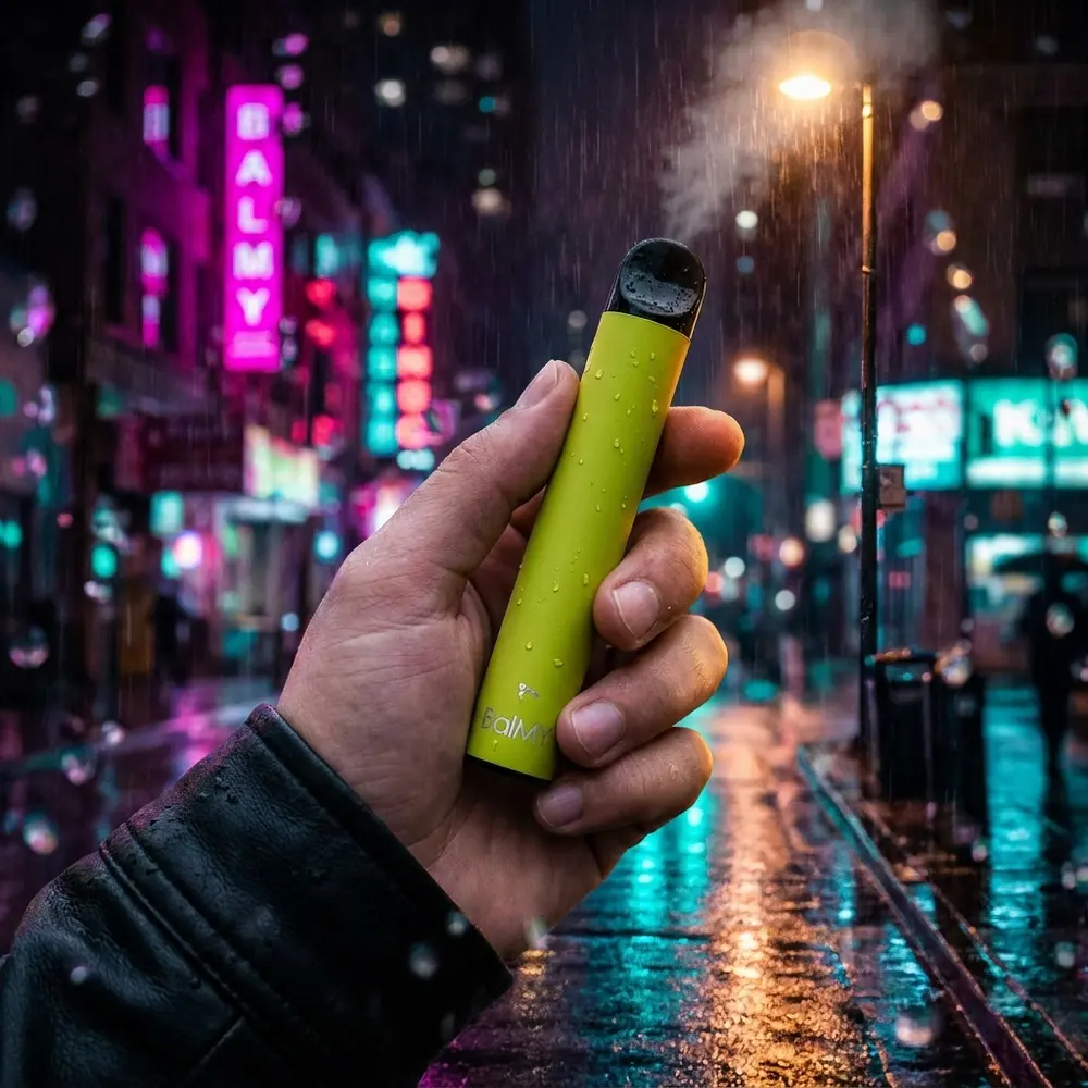Pod Descartável Balmy Mango na mão em rua noturna com neon, chuva e vapor sutil - Vapor Gringo