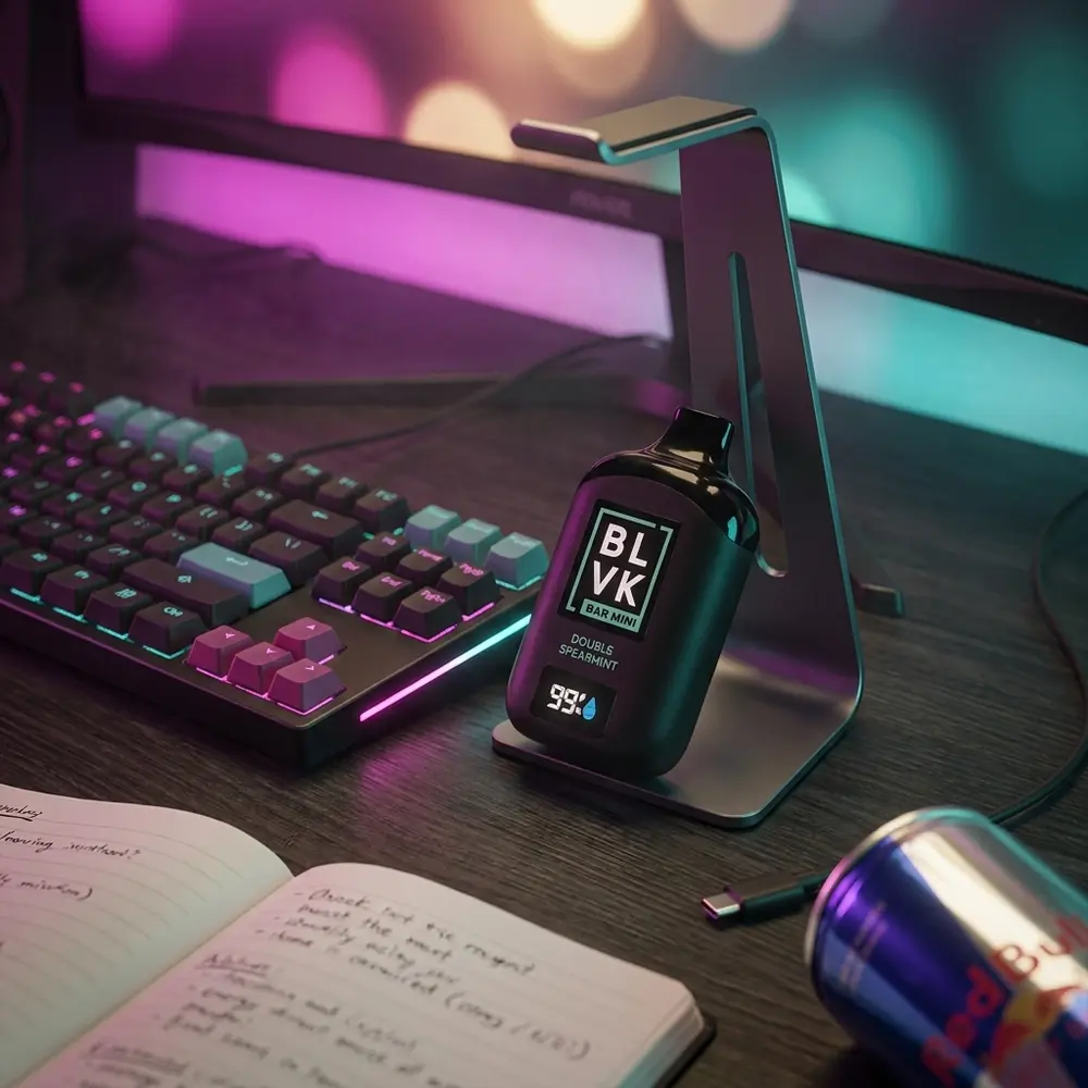 Pod Descartável BLVK Bar Mini apoiado em mesa gamer RGB com teclado mecânico e luzes magenta e ciano - Vapor Gringo