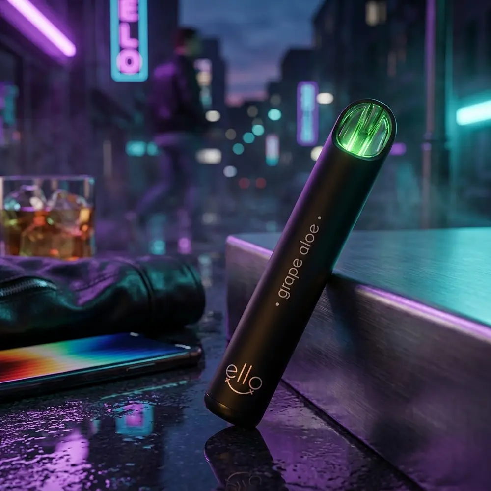 Pod descartavel Blvk Ello Grape Aloe apoiado em barra metalica com neon urbano roxo e reflexos molhados - Vapor Gringo