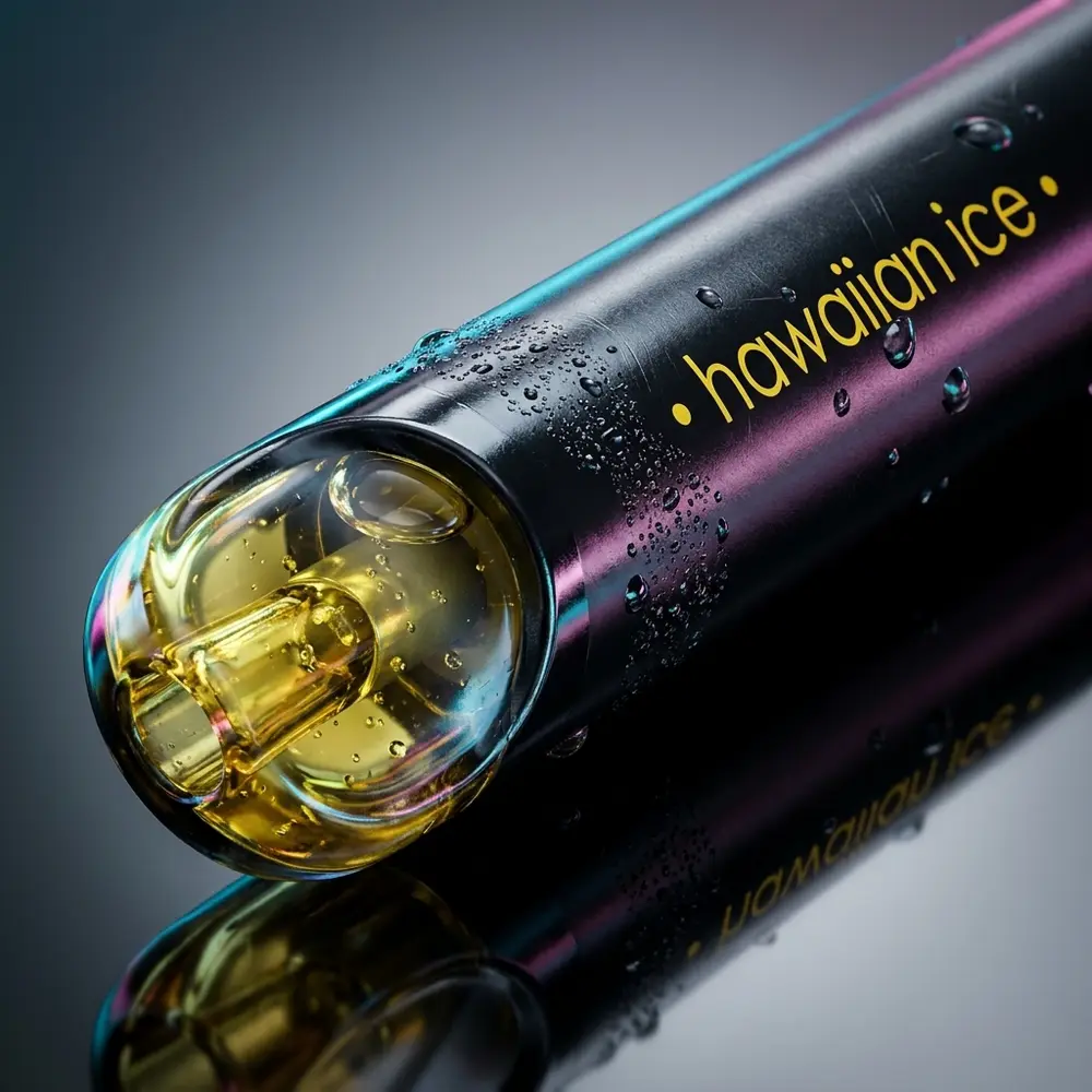Close-up do bocal e rotulo do Pod Blvk Ello Hawaiian Ice com gotas de condensacao e reflexos nítidos - Vapor Gringo