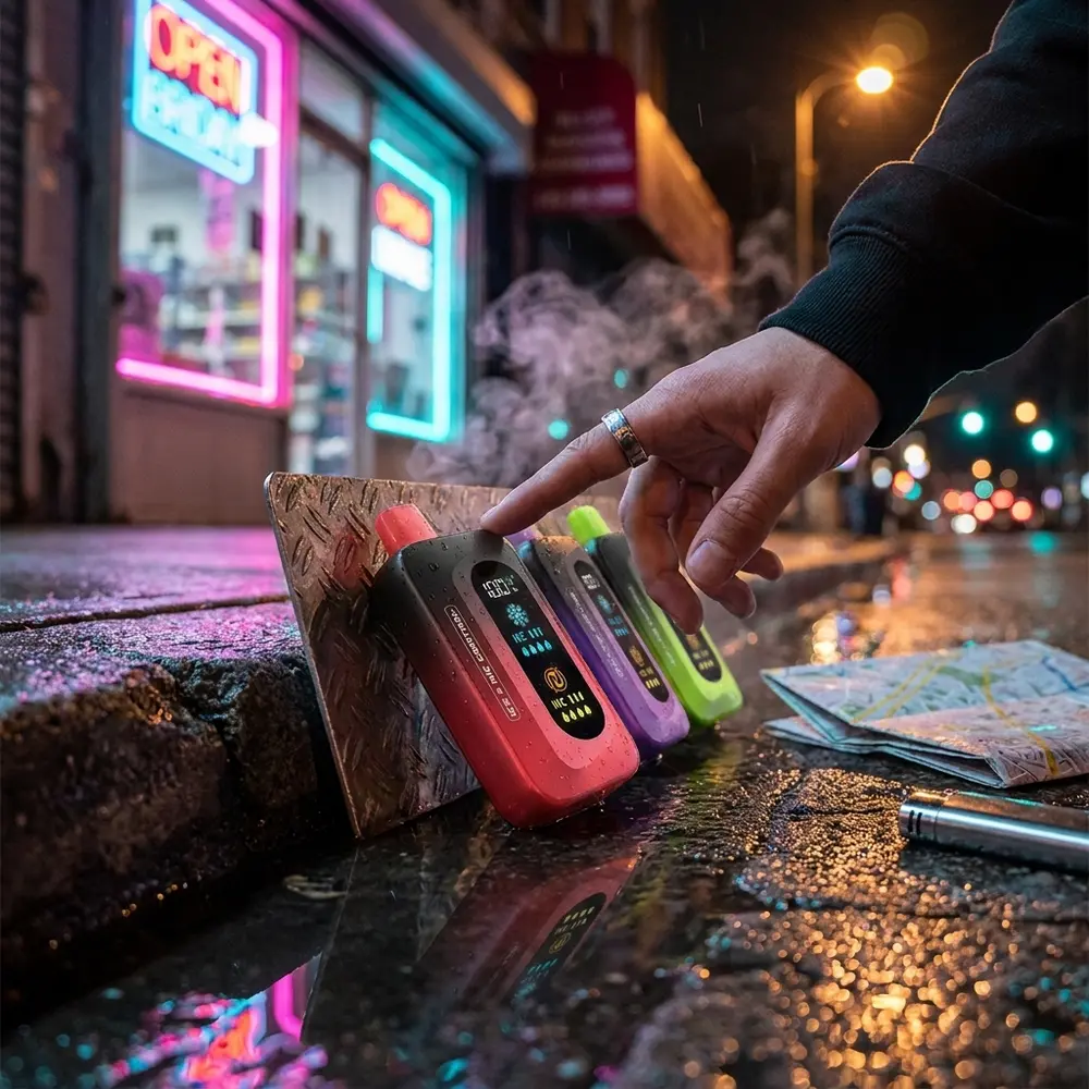 Pod BLVK Just Juice apoiado em guia molhada sob neon rosa e ciano, cena de noite urbana com reflexos e maos - Vapor Gringo