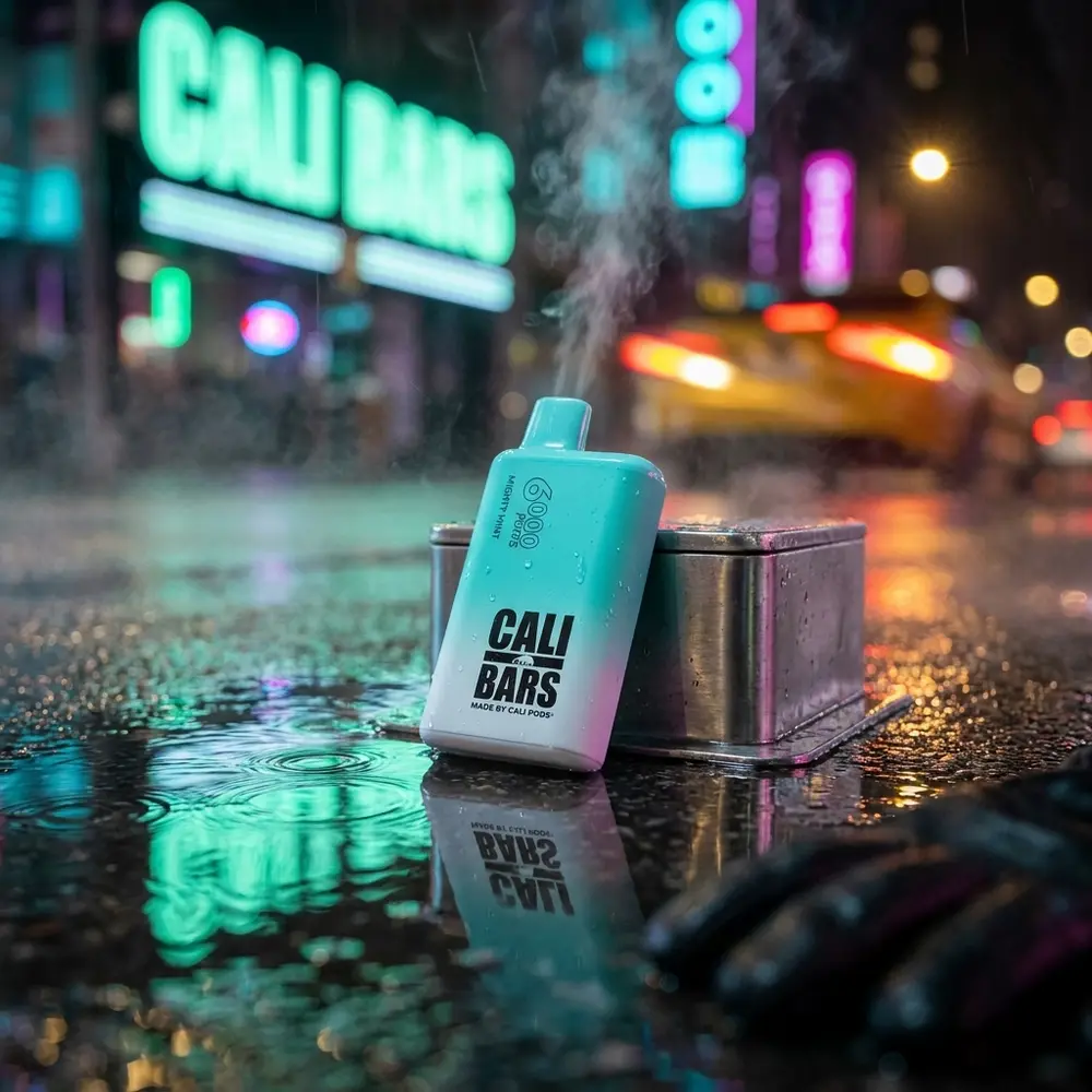 Pod descartável Cali Bars Mighty Mint na rua noturna com neon, reflexos na poça e atmosfera urbana - Vapor Gringo