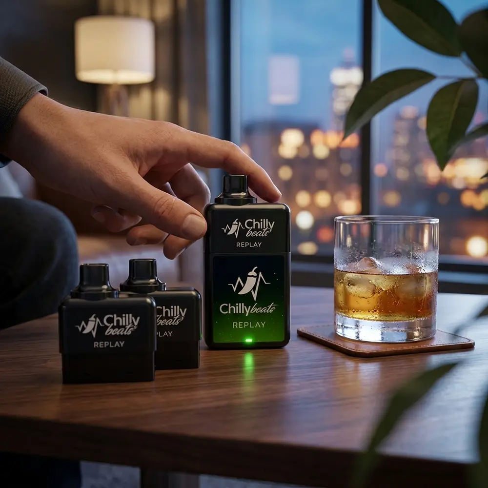 Pod Descartável Chilly Beats Replay apoiado numa mesa de lounge luxuosa com luzes urbanas desfocadas ao fundo - Vapor Gringo