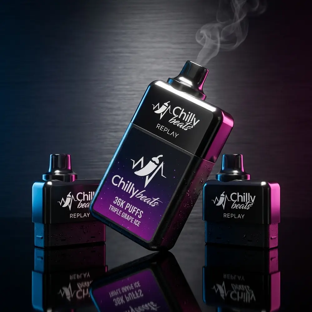 Pod Descartável Chilly Beats Replay sobre acrílico preto com iluminação azul e magenta e reflexos visíveis - Vapor Gringo