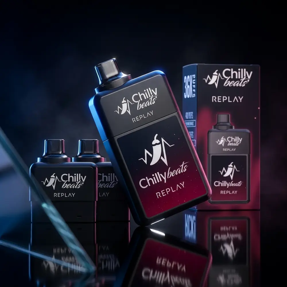 Pod Descartável Chilly Beats Replay sobre acrílico preto reflexivo, iluminação azul-magenta realçando logo e textura - Vapor Gringo