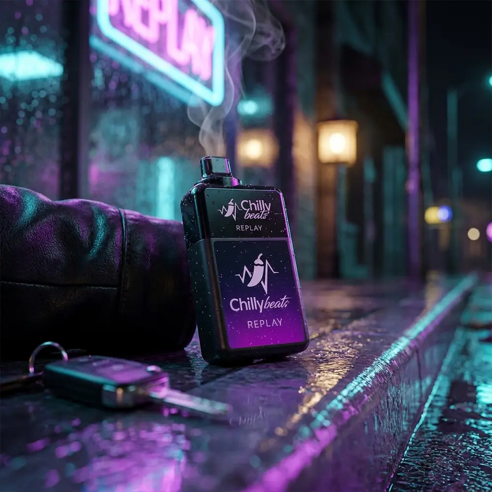 Pod Descartável Chilly Beats Replay sobre superfície molhada com reflexos de neon roxo e ciano em rua urbana noturna - Vapor Gringo