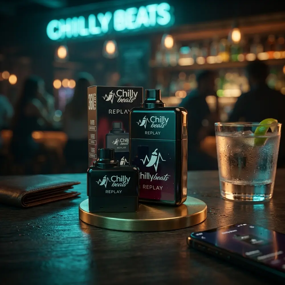 Pod Descartável Chilly Beats Replay apoiado em bar de luxo com luzes neon ao fundo e reflexos coloridos - Vapor Gringo