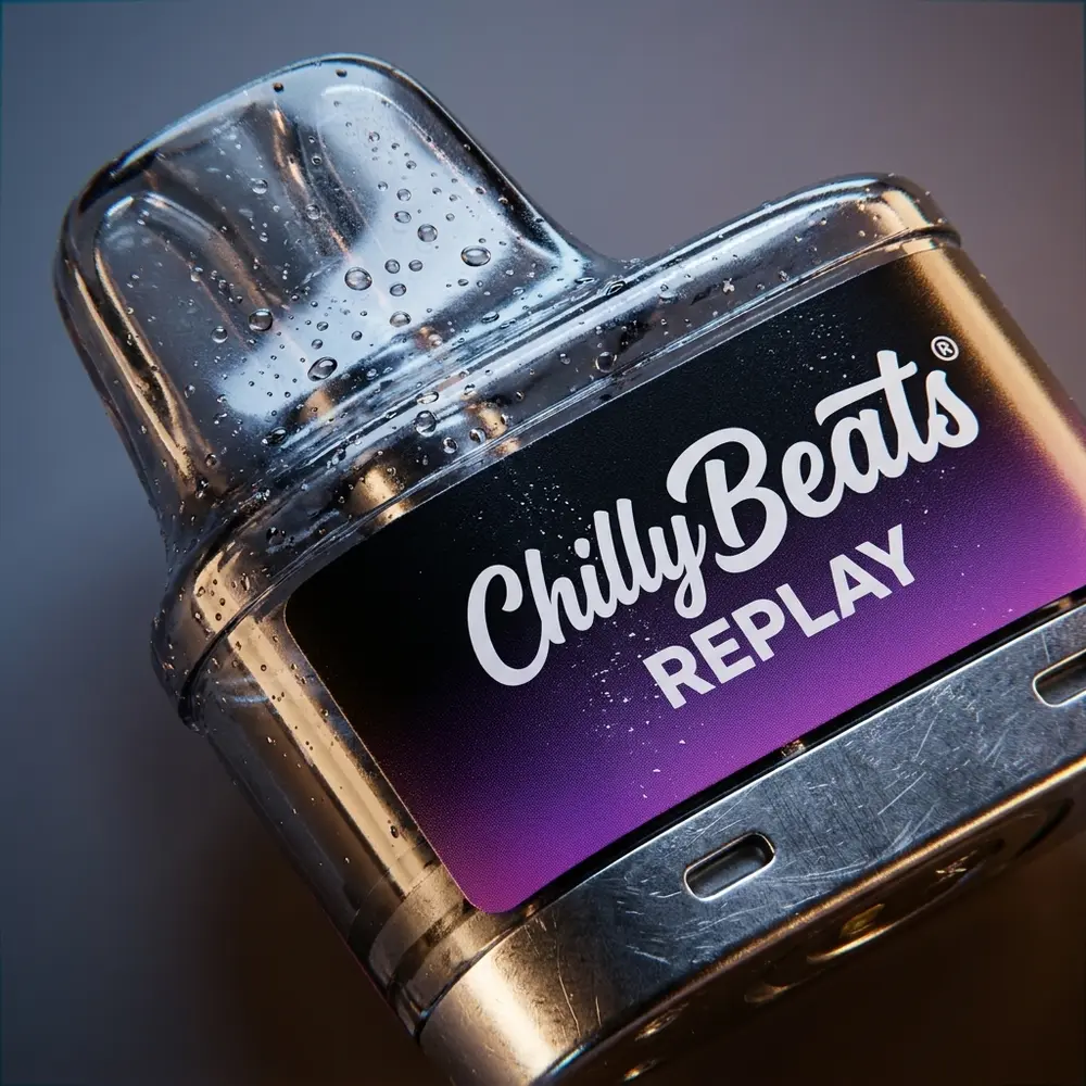 Close-up do bocal e rótulo do Pod Descartável Chilly Beats Replay com gotas de condensação e micro-reflexos reais - Vapor Gringo
