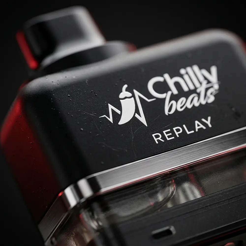 Macro do Pod Descartável Chilly Beats Replay mostrando logo, acabamento metálico, condensação e microreflexos - Vapor Gringo