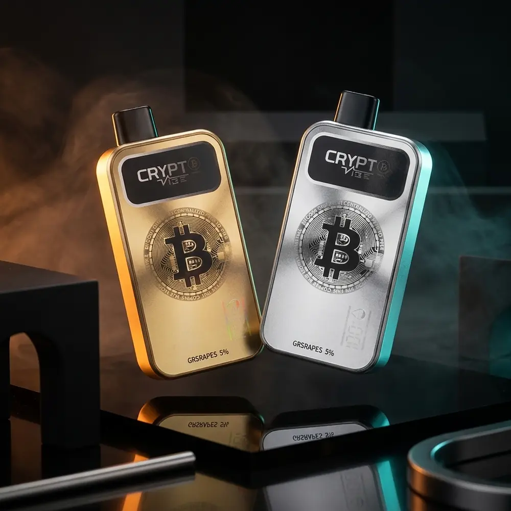 Pod descartavel Crypt B Vibe em base acrilica preta com reflexos quentes e detalhes do rótulo nitidos - Vapor Gringo