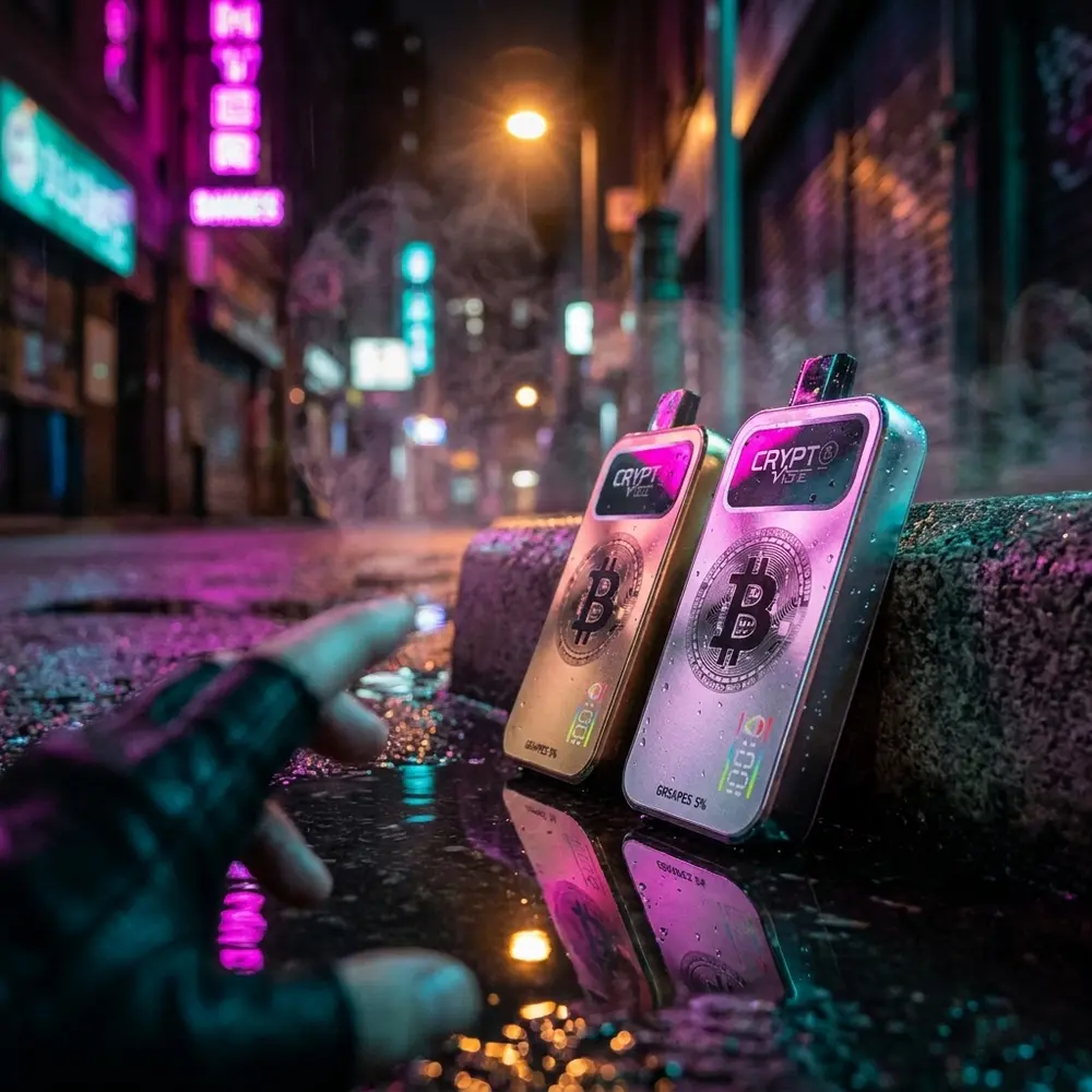 Pod descartavel Crypt B Vibe apoiado em guia urbana molhada sob luzes neon magenta e teal, cena noturna - Vapor Gringo