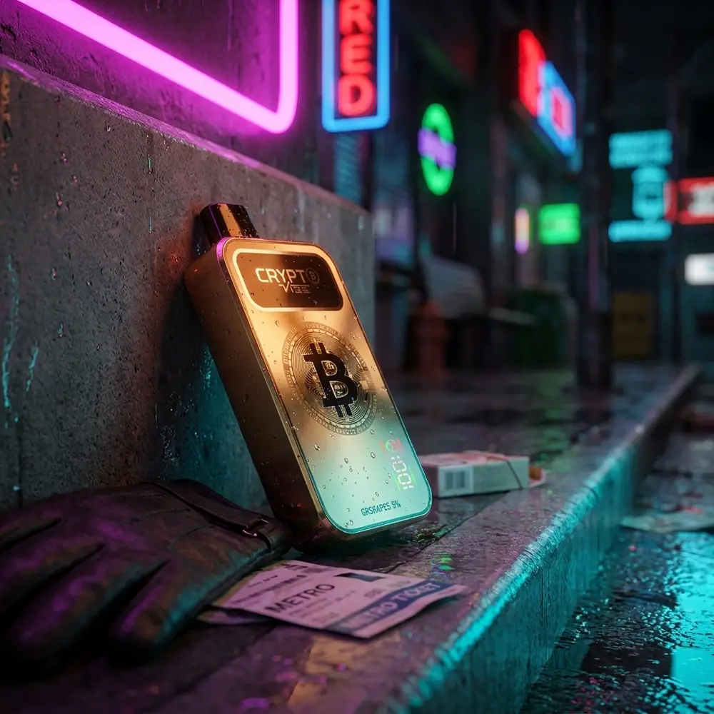 Pod Descartavel Crypt Vibe apoiado em muro molhado sob luzes neon de rua, ambiente urbano noturno - Vapor Gringo