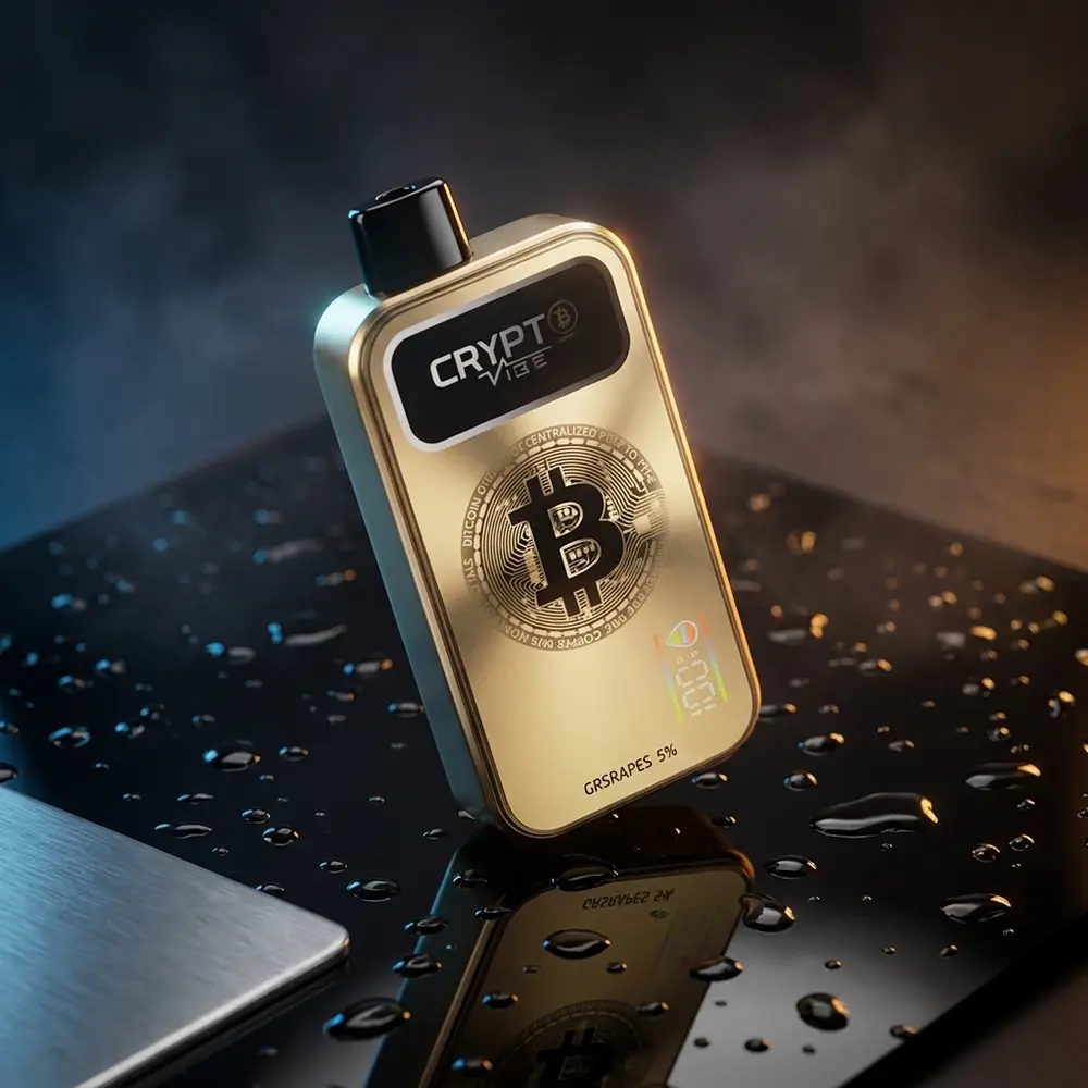 Pod Descartável Crypt Vibe Americano Ice sobre acrílico preto, iluminação azul e âmbar, reflexos e gotas - Vapor Gringo