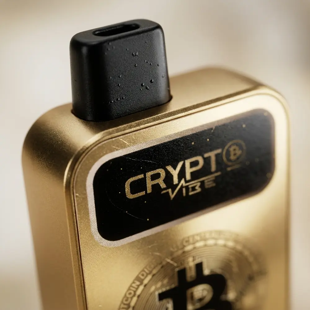 Close-up do Pod Descartável Crypt Vibe Americano Ice mostrando boca, logo e microgotas de condensação - Vapor Gringo