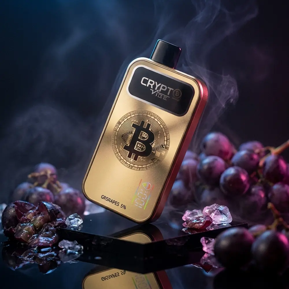Pod Descartavel Crypt ₿ Vibe Burning Grapes Ice sobre base acrilica com uvas e gelo, estúdio escuro - Vapor Gringo