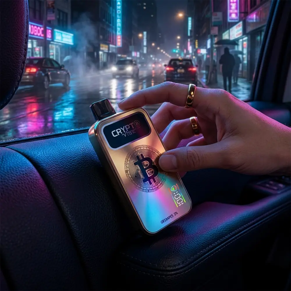 Pod Crypt ₿ Vibe Burning Grapes Ice em interior de carro noturno com reflexos neon e mao alcançando - Vapor Gringo