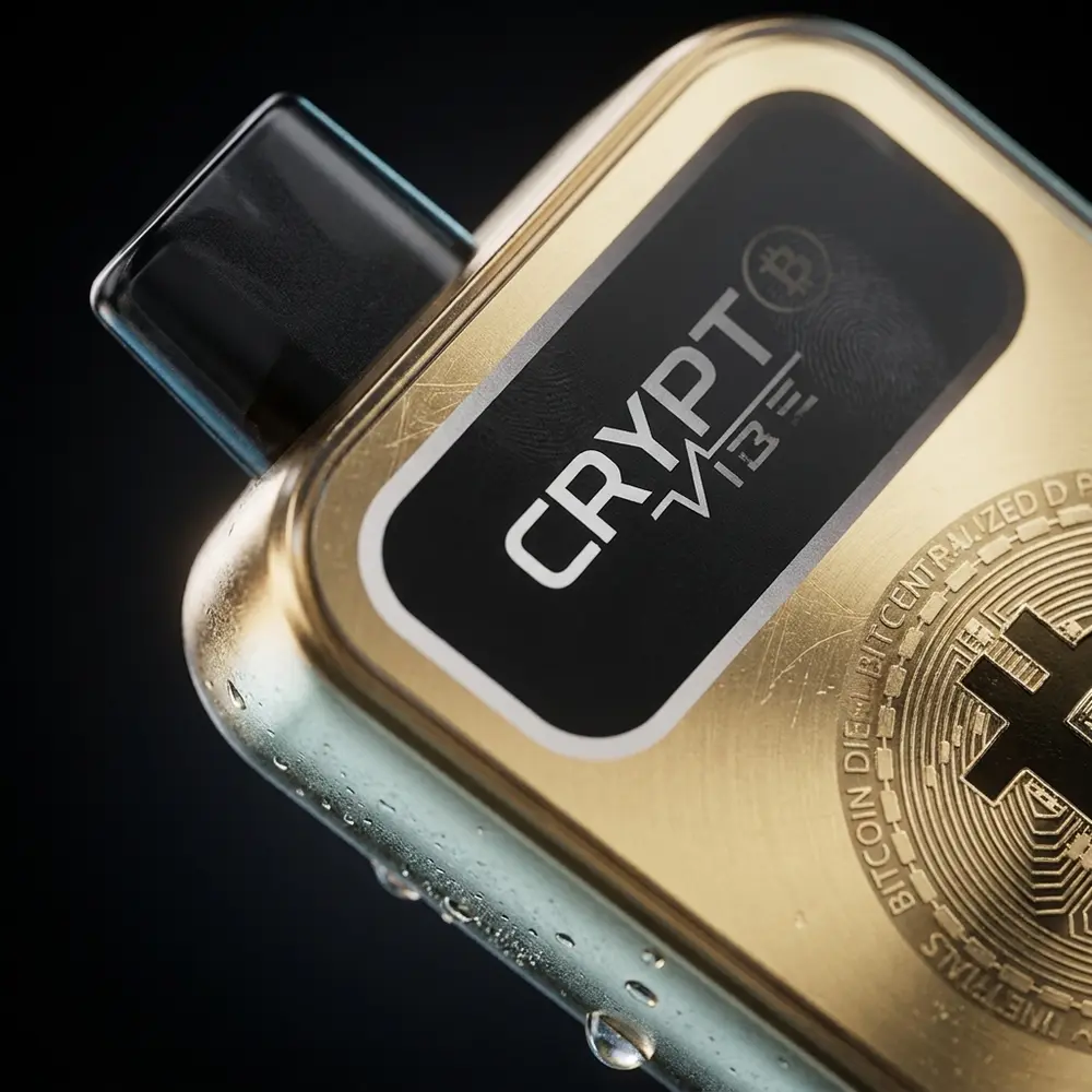 Close-up do Pod Crypt ₿ Vibe Burning Grapes Ice mostrando logo, textura e goticulas de condensacao - Vapor Gringo