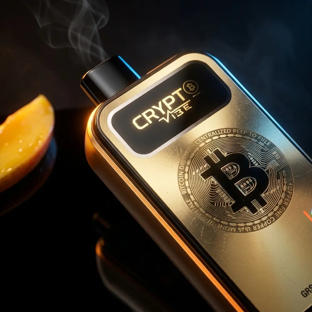 Pod descartavel Crypt Vibe Double Mango sobre base acrilica preta refletiva com luzes quentes e azuis ao fundo - Vapor Gringo