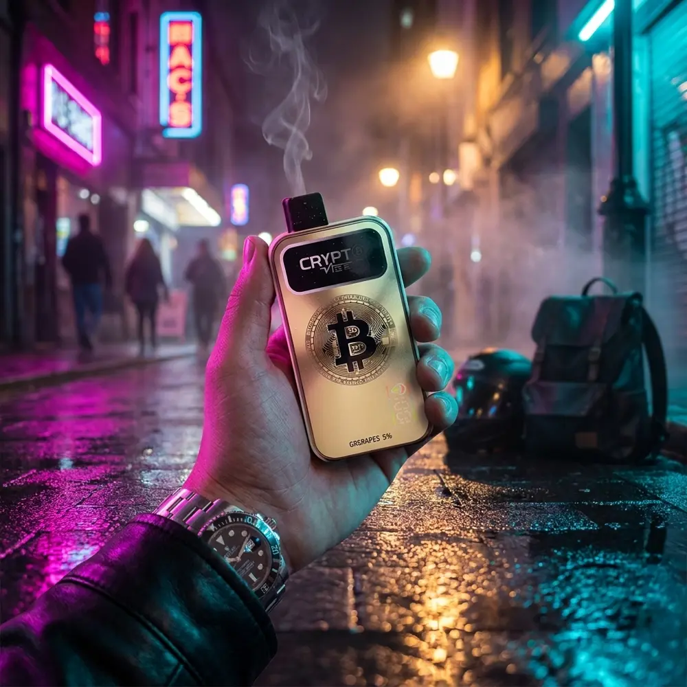 Pod descartavel Crypt Vibe Double Mango na mao de um vaper em rua urbana com neon magenta e reflexos molhados - Vapor Gringo