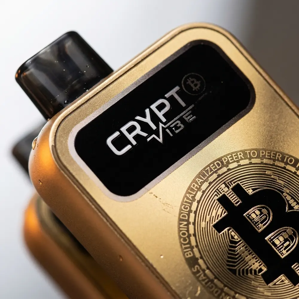 Close detalhado do pod Crypt Vibe Double Mango mostrando logo, tipografia e texturas com reflexos e gotas sutis - Vapor Gringo