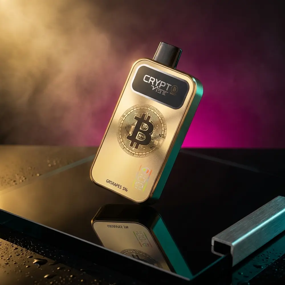 Pod Descartavel Crypt Vibe Passion Fruit Sour Kiwi suspenso sobre acrilico preto com luzes teal e magenta - Vapor Gringo