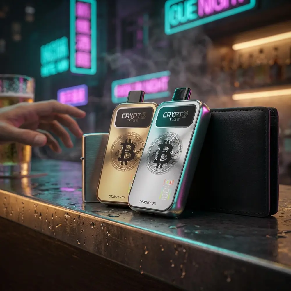 Pod Descartavel Crypt Vibe Passion Fruit Sour Kiwi apoiado em banco metalico molhado, neon urbano ao fundo - Vapor Gringo
