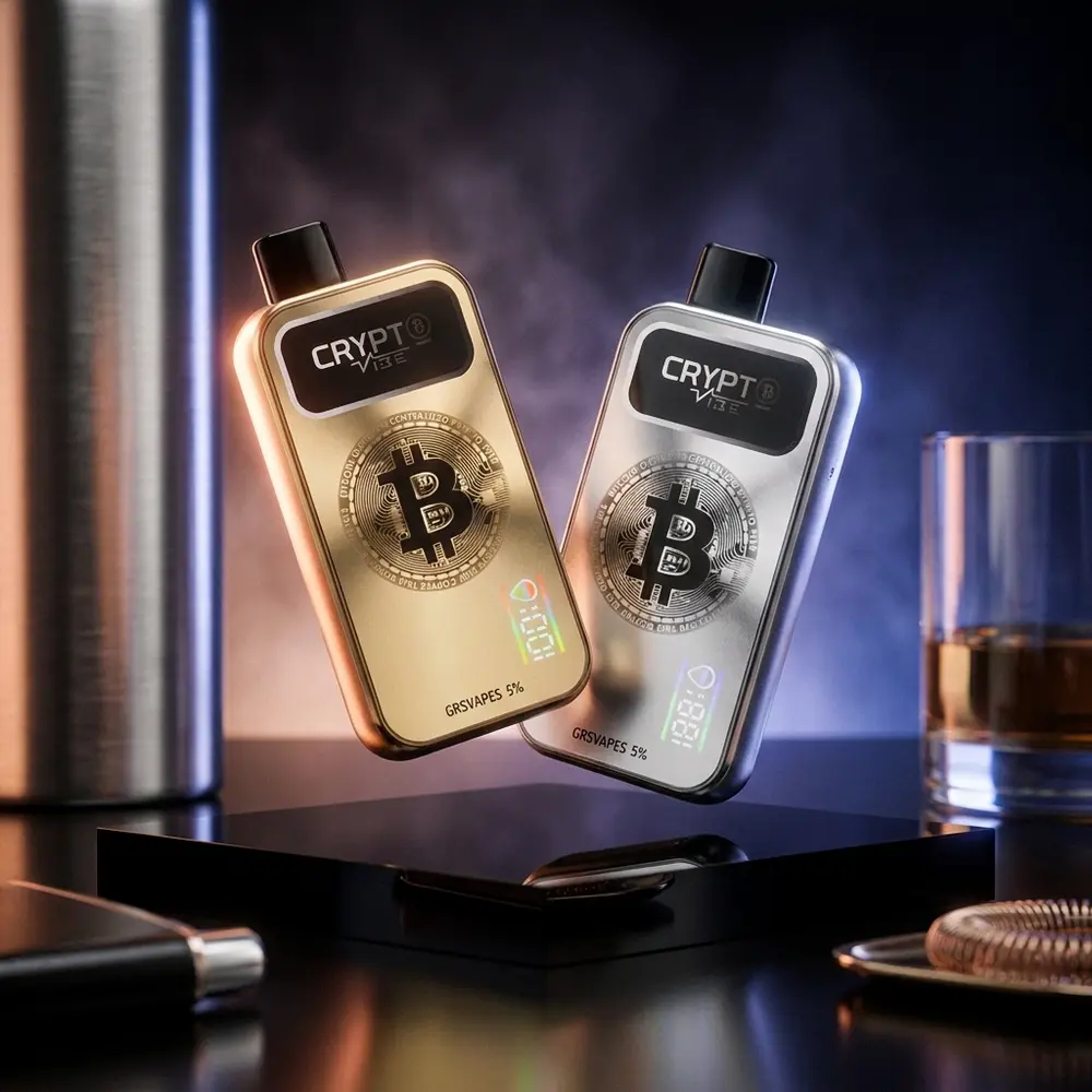 Pod Descartável Crypt ₿ Vibe Peach Jungle em close dramático sobre base acrílica preta, luzes pêssego e reflexos metálicos - Vapor Gringo