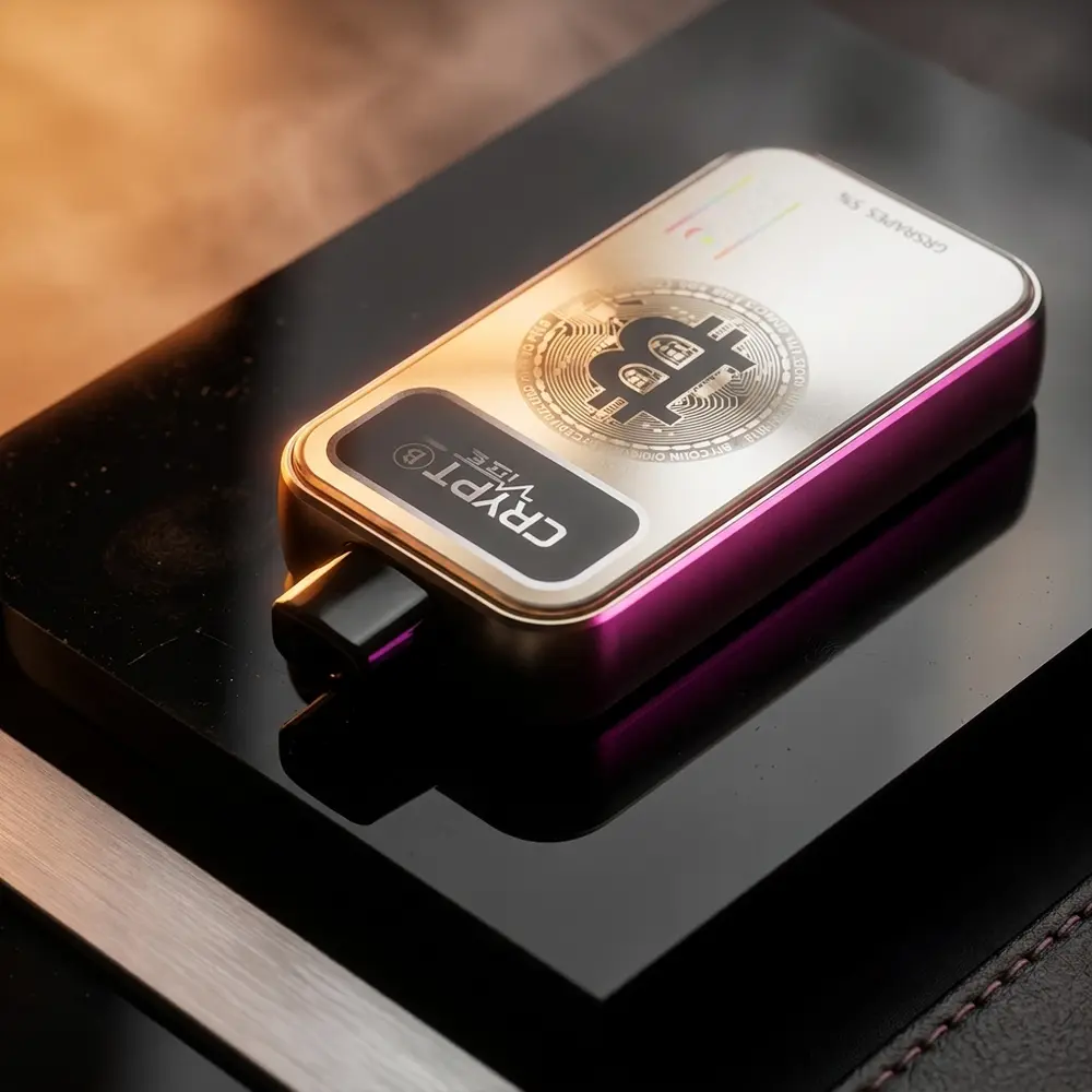 Pod Descartavel Crypt ₿ Vibe Strawberry Mango sobre acrilico preto com luzes laranja e magenta, close diagonal - Vapor Gringo