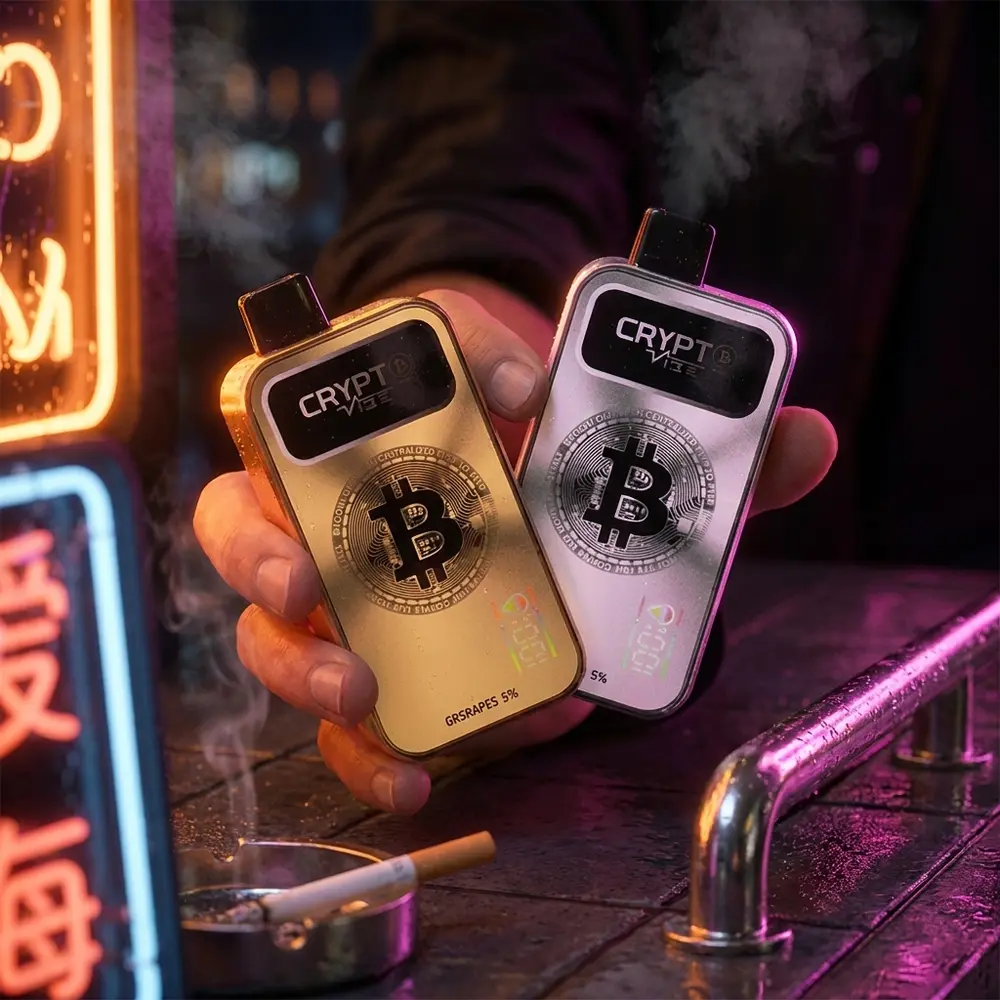 Pod Descartavel Crypt ₿ Vibe Strawberry Mango na mao de um vaper em rua noturna com neon e reflexos molhados - Vapor Gringo