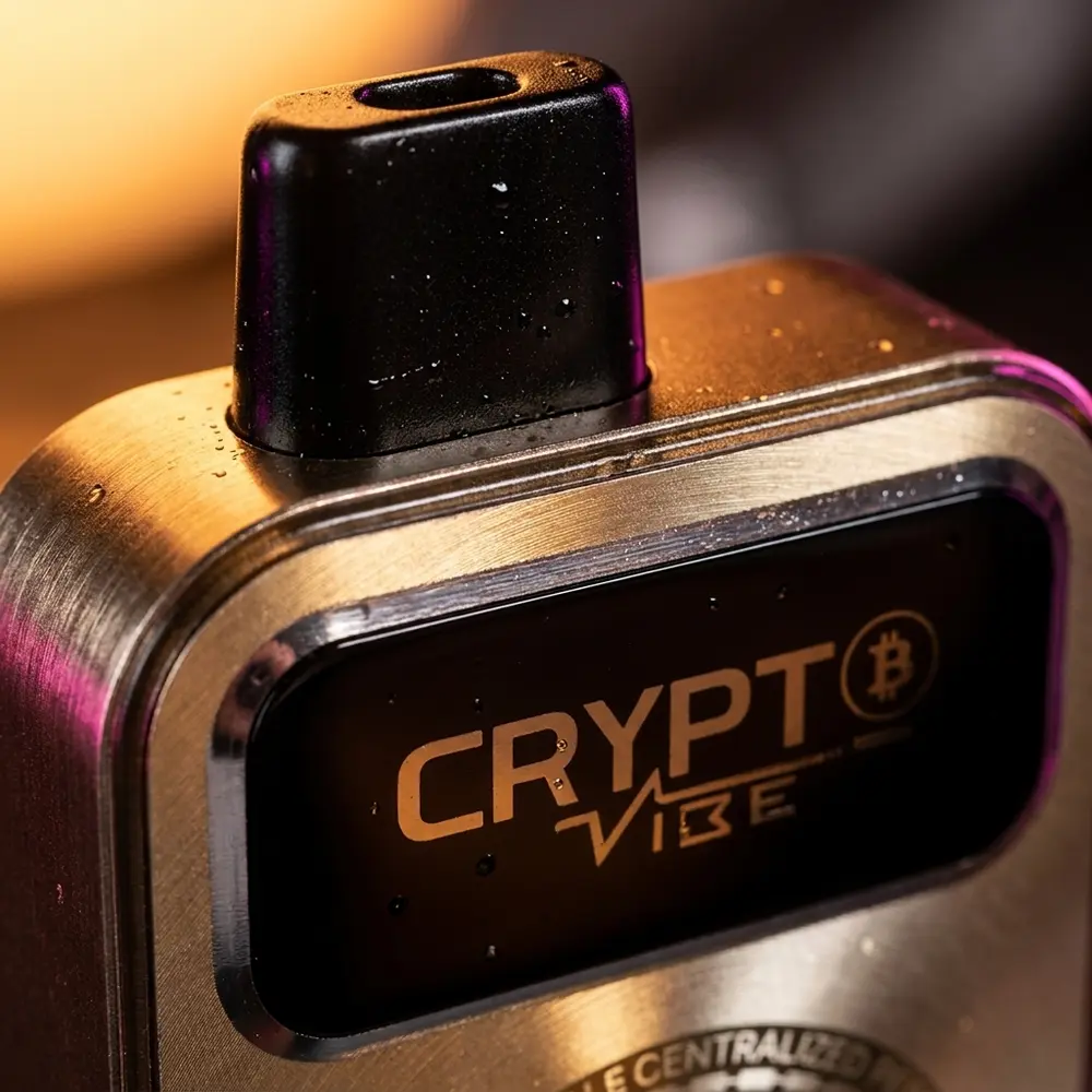 Macro do mouthpiece e logo do Pod Descartavel Crypt ₿ Vibe Strawberry Mango com condensacao e reflexos metalicos - Vapor Gringo