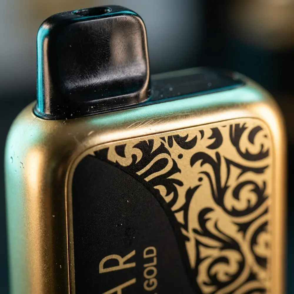 Detalhe macro do Elf Bar BC10000 Black Gold na boca e logo com texturas metalicas e reflexos - Vapor Gringo