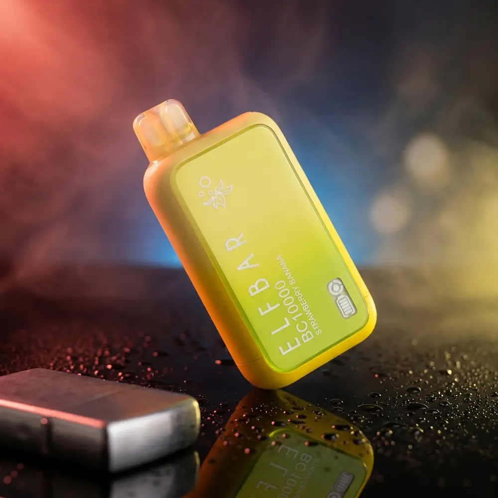 Pod descartavel Elf Bar BC10000 Strawberry Banana em estudio escuro sobre acrilico com reflexos vermelho e amarelo - Vapor Gringo
