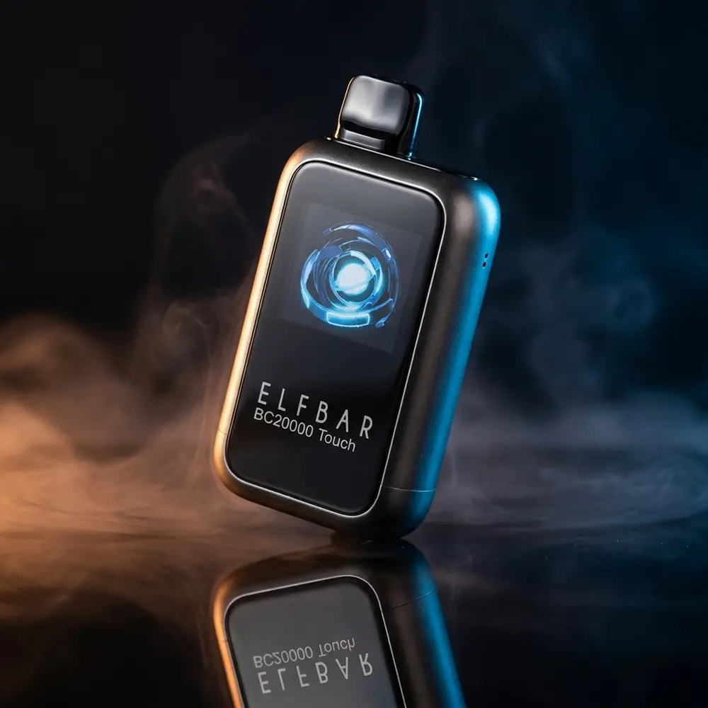 Pod descartavel Elf Bar BC20000 Touch Mango Peach sobre acrilico preto com luzes quentes e azuis, close cinematografico - Vapor Gringo