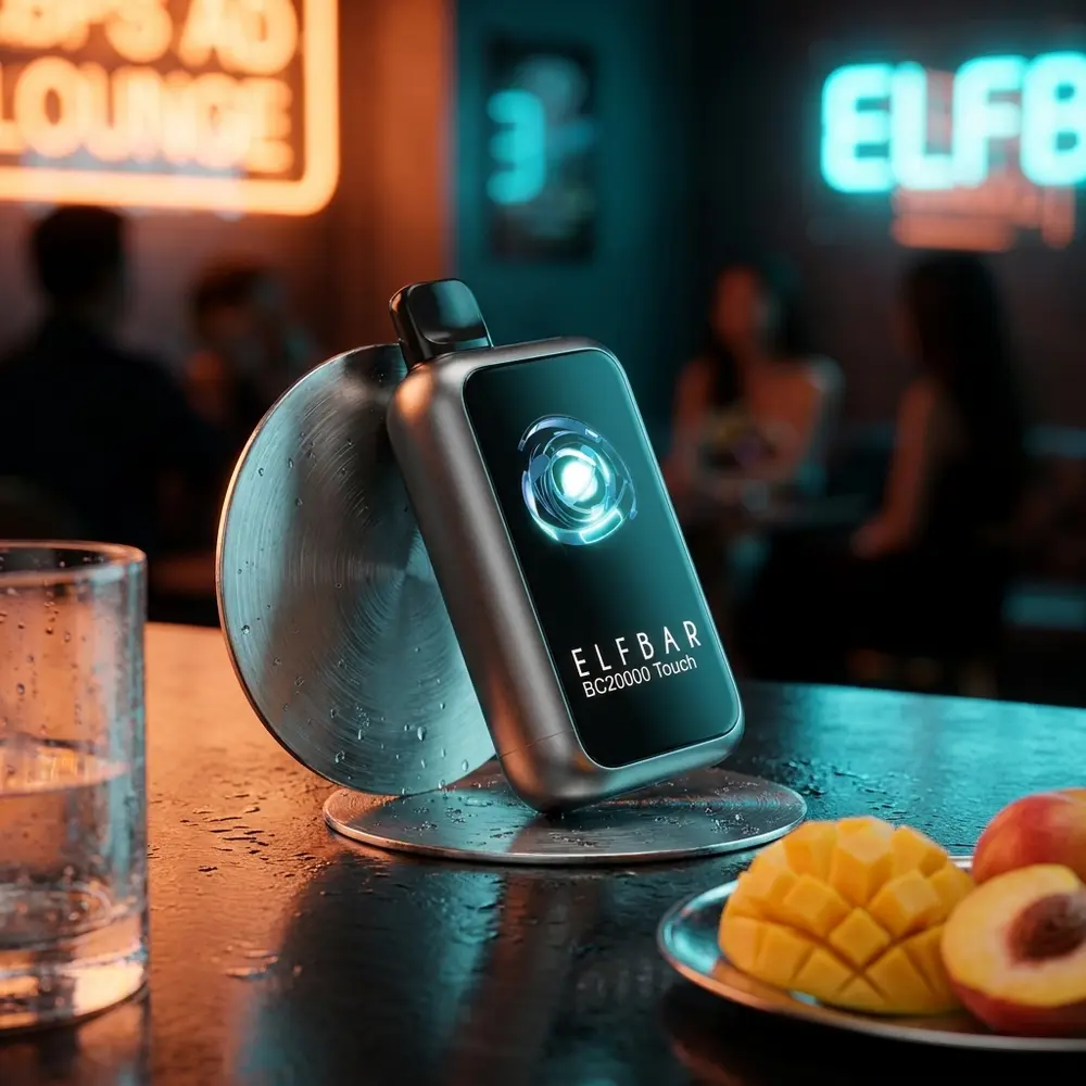 Pod Elf Bar BC20000 Touch Mango Peach apoiado em balcão urbano com neon laranja e azul, fatias de manga e pêssego ao lado - Vapor Gringo