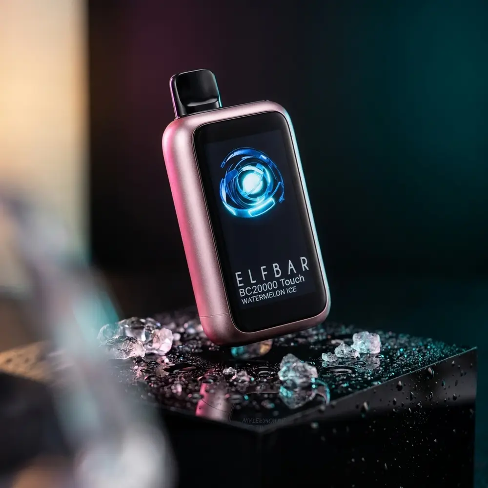 Pod Descartavel Elf Bar BC20000 Touch sobre pedestal acrilico molhado, luzes teal e magenta enfatizando a tela touch - Vapor Gringo