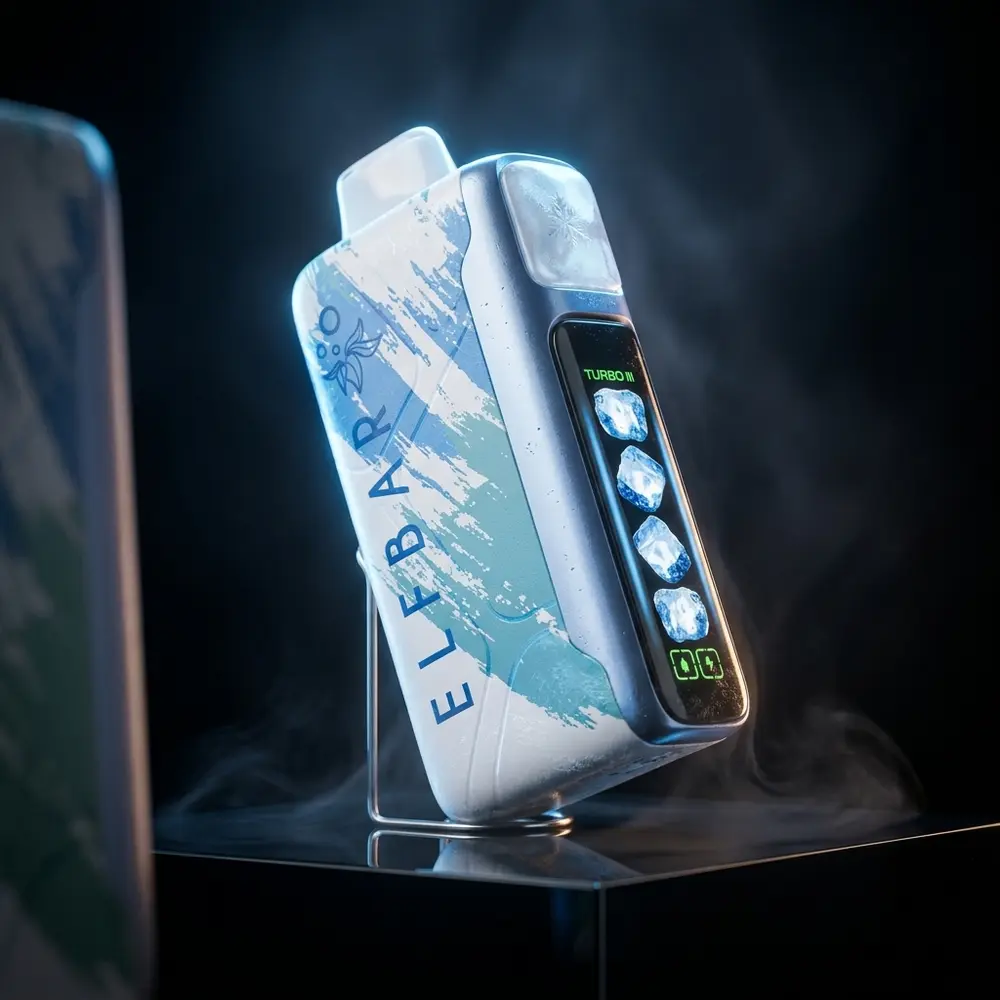 Pod descartável Elf Bar Ice King sobre acrílico preto com iluminação azul fria, reflexos e sombras dramáticas - Vapor Gringo