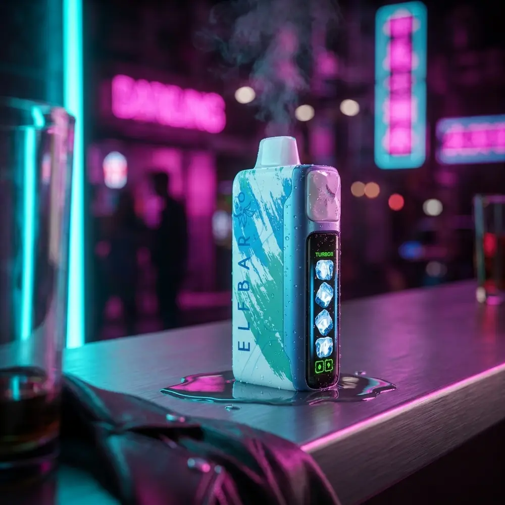 Elf Bar Ice King encostado em balcão urbano com luzes neon desfocadas ao fundo e gotas de condensação - Vapor Gringo