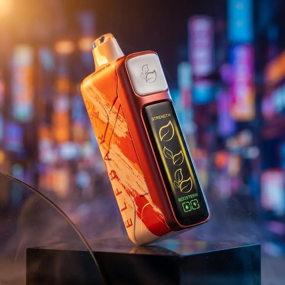 Pod descartavel Elf Bar Nic King 40.000 puffs sobre acrilico preto com iluminacao azul e amber e reflexos luxuosos - Vapor Gringo